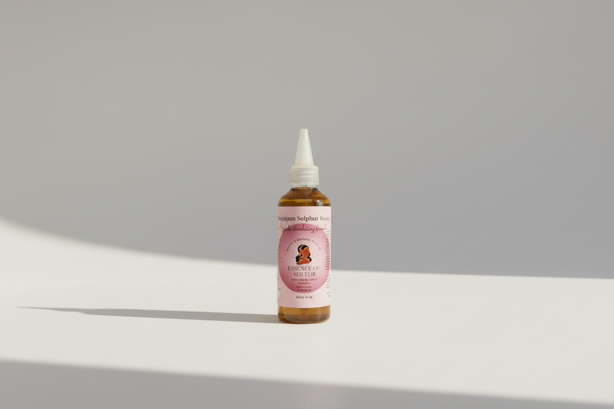 Bottle of 'Essence of Sulphur' product with pink flowers in the background