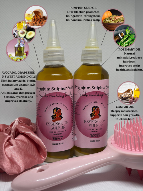 Two bottles of 'Essence of Sulphur' with a pink hairbrush on a white background, featuring product details and benefits.