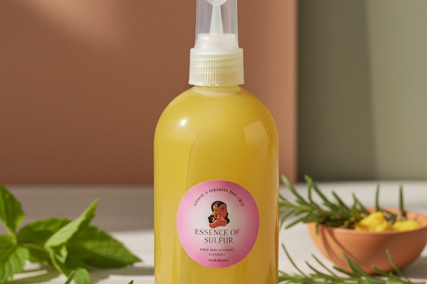 Yellow bottle with a pink label surrounded by green leaves and flowers on a wooden surface.