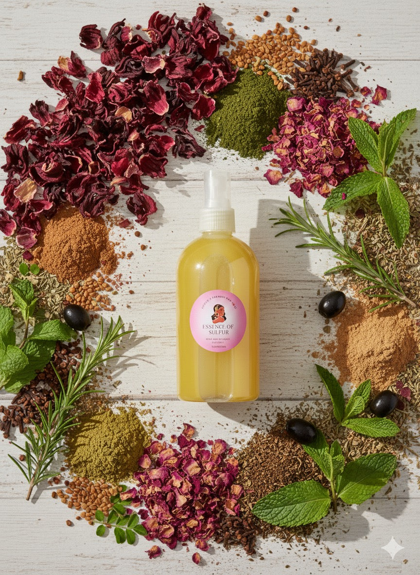 Yellow bottle with a pink label surrounded by dried flowers and herbs on a wooden surface